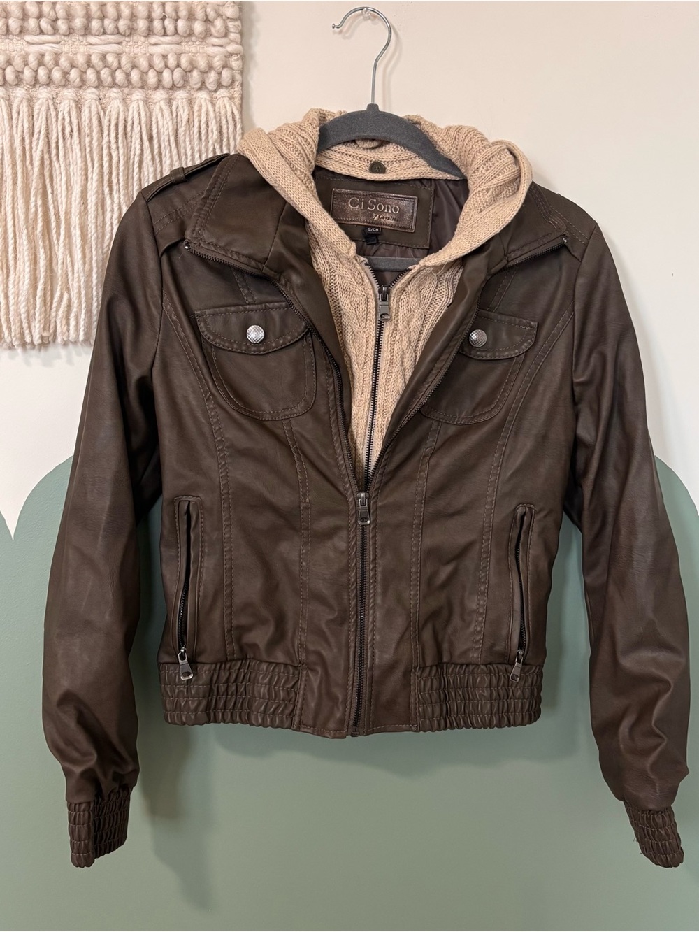 Ci Sono Brown Faux Leather Jacket with Beige Knit Hood